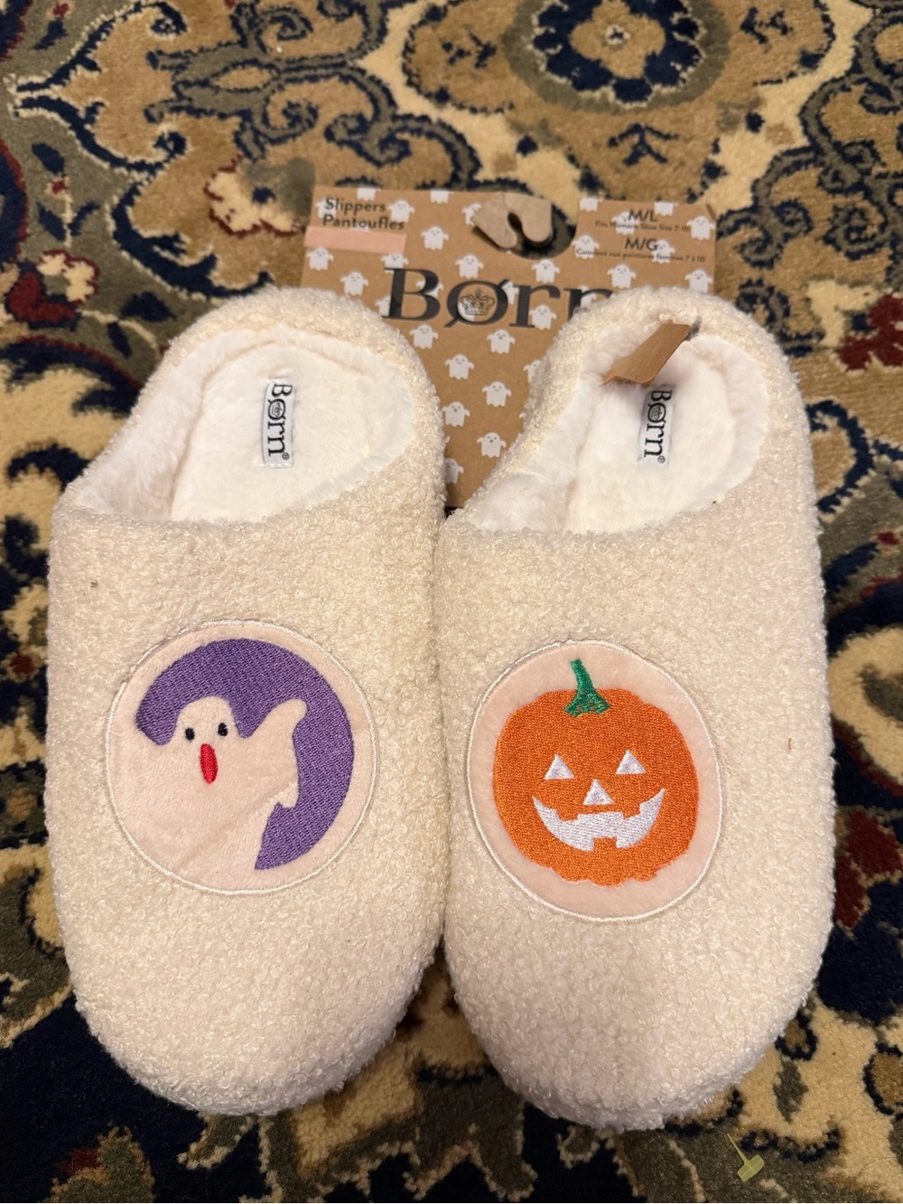 Born Cream Cozy Slip-On Slippers with Purple Ghost and Orange Pumpkin Patches